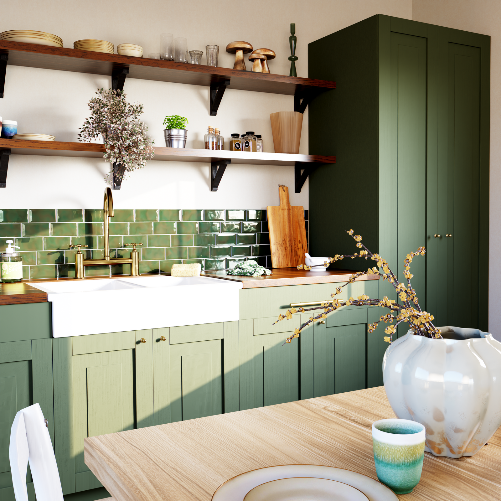 Cuisine style campagne chic aux meubles et crédence en vert forêt