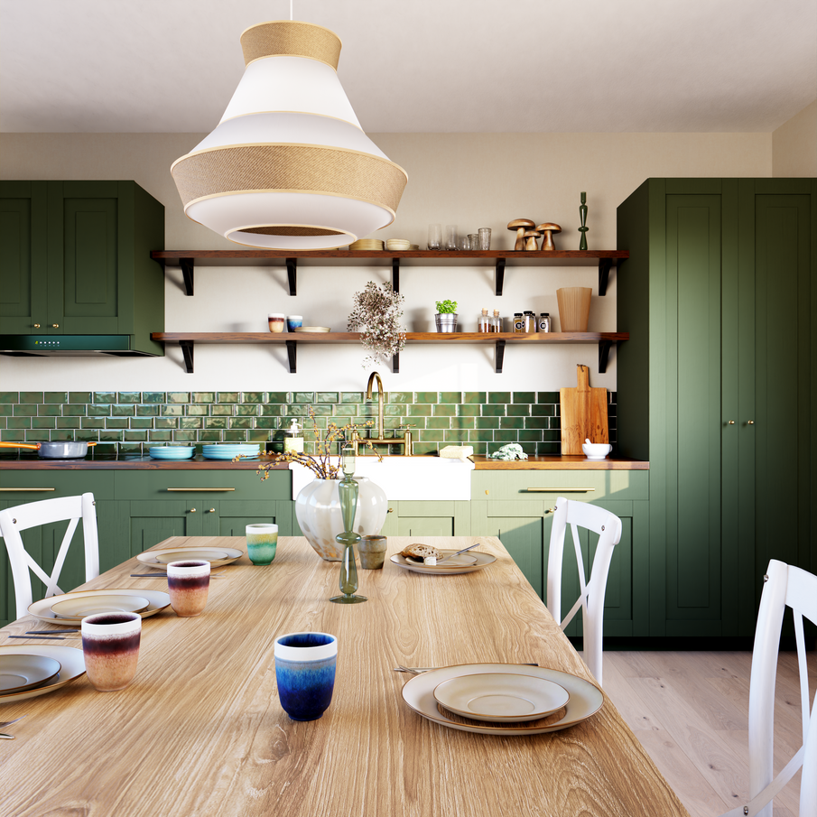 Déco cuisine couleur vert forêt style maison de campagne