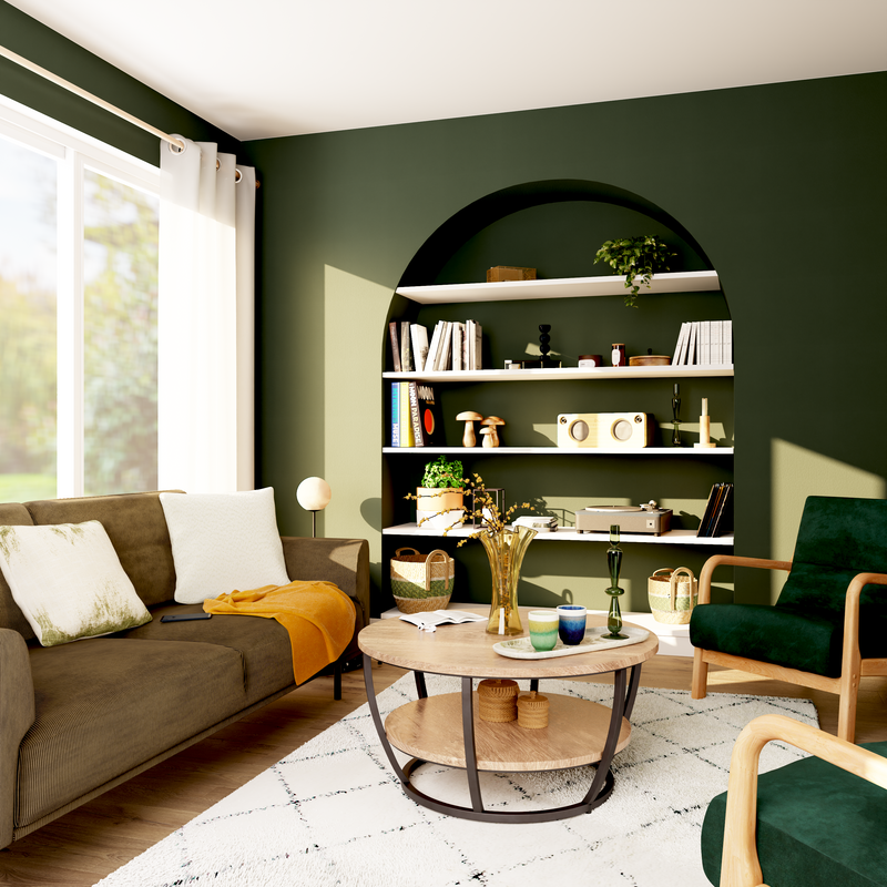 Déco salon vert forêt assises en velours