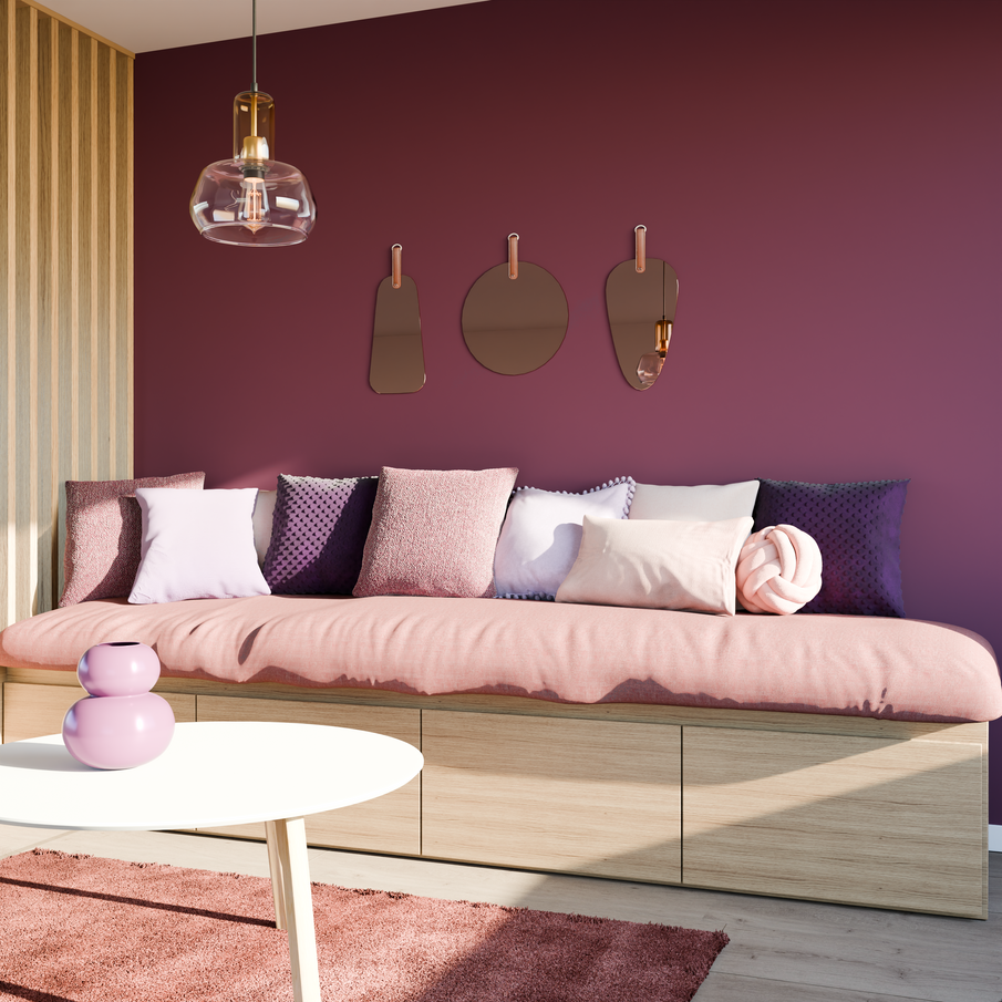 Salon clair avec des tons violets et roses