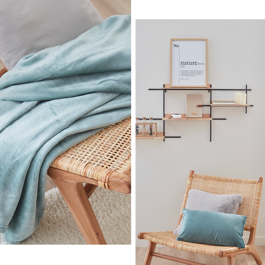 Fauteuil en bois assise tressée, linge de maison doux effet velours