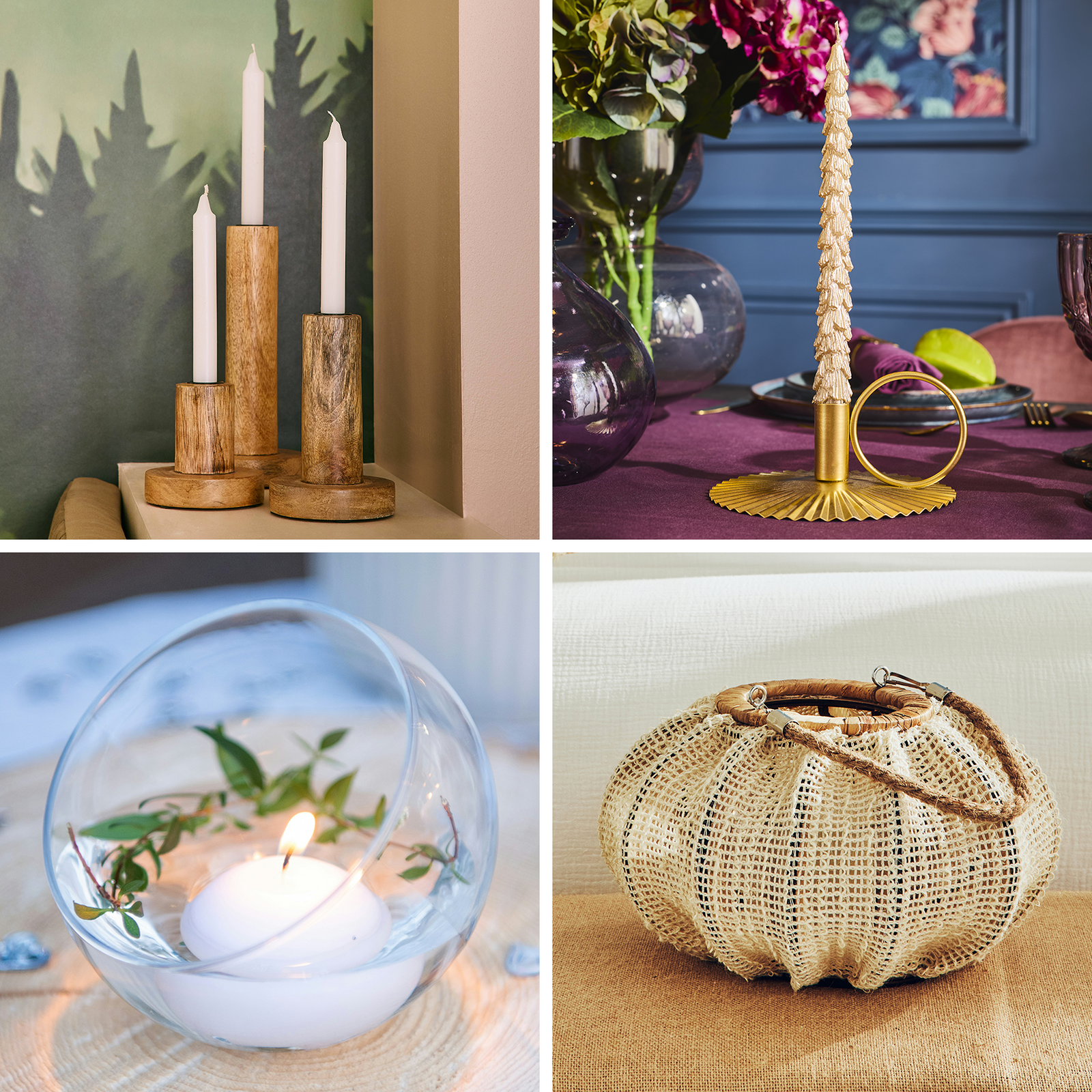 Montage : Bougeoirs en bois avec bougies blanche, bougeoir doré avec bougie sapin, photophore en verre et en matière naturelle