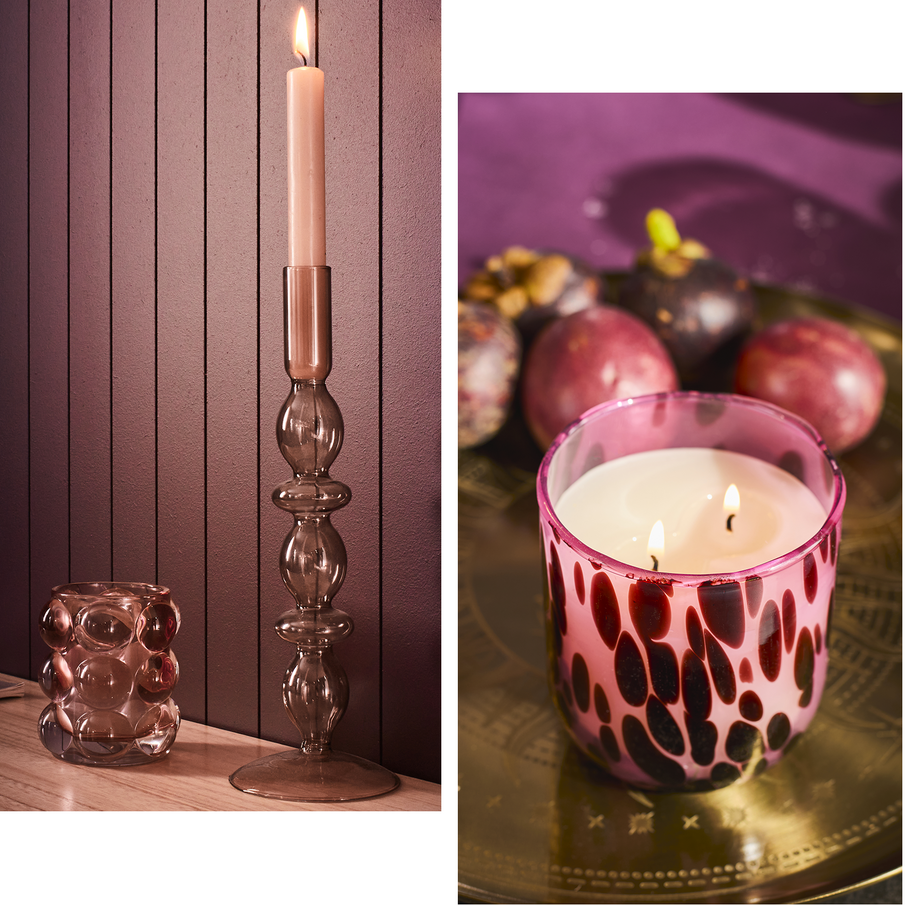 Montage : bougie avec bougeoir en verre rose et photophore rose effet bulle, bougie en verre rose avec motif tacheté