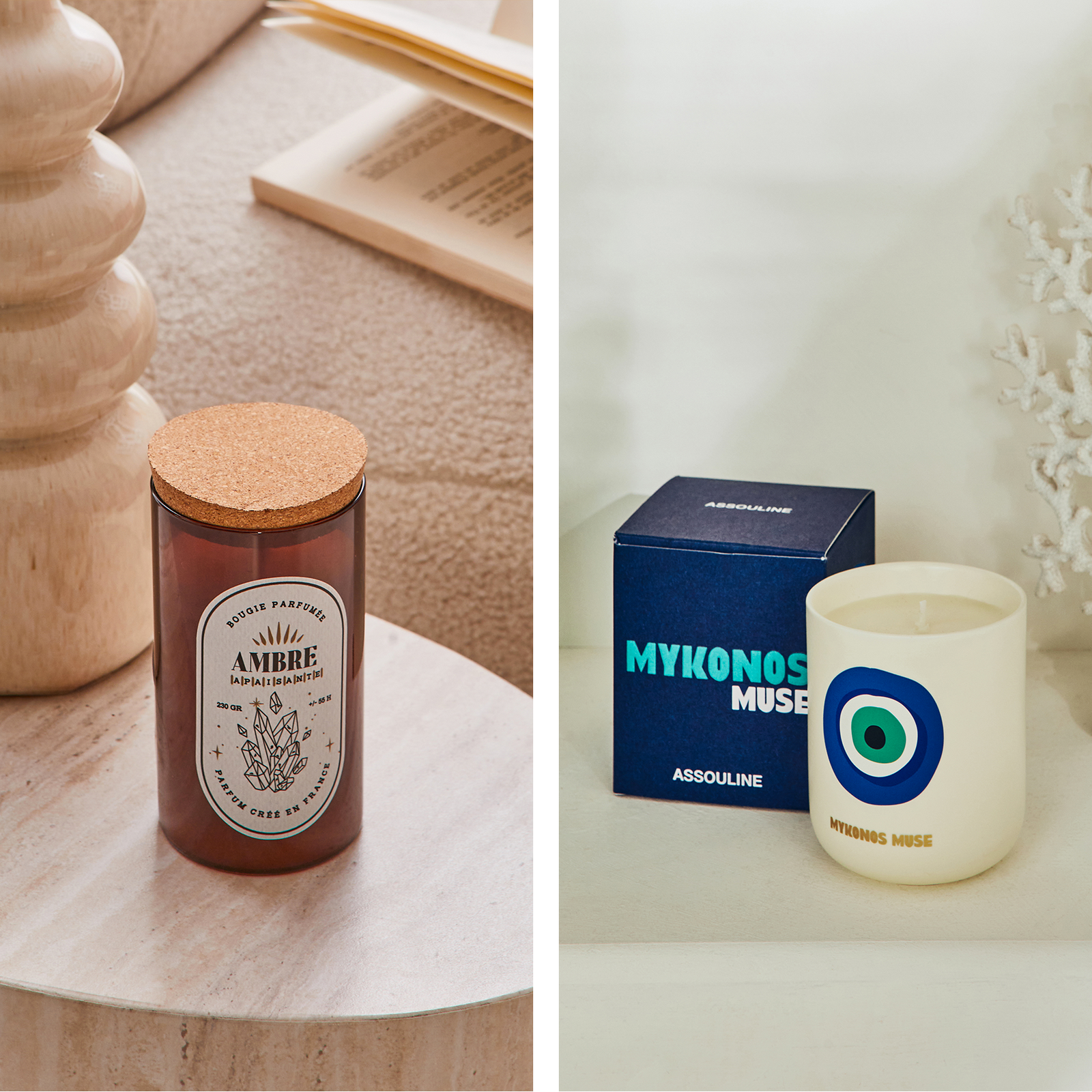 Montage : Bougie dans verre ambrée, bougie Mykonos Muse de la marque Assouline