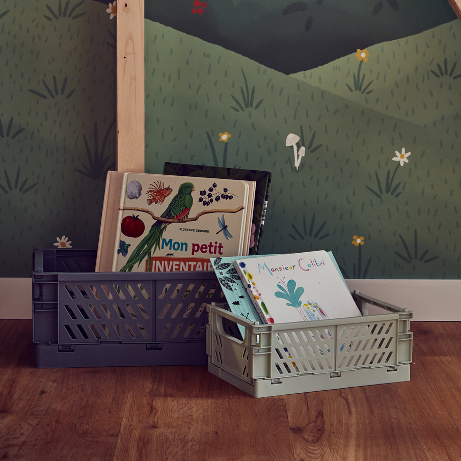 Caisses de rangement couleurs pastel avec des albums jeunesse posées au sol