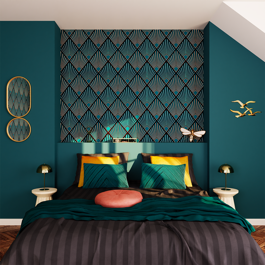 Papier peint bleu paon motif géométrique Art déco dans un décor de chambre chic