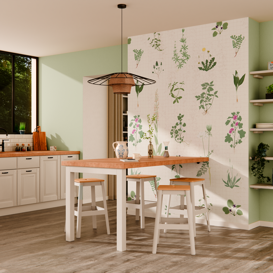 Mur vert clair avec papier peint herbier dans une cuisine blanche avec touches de bois