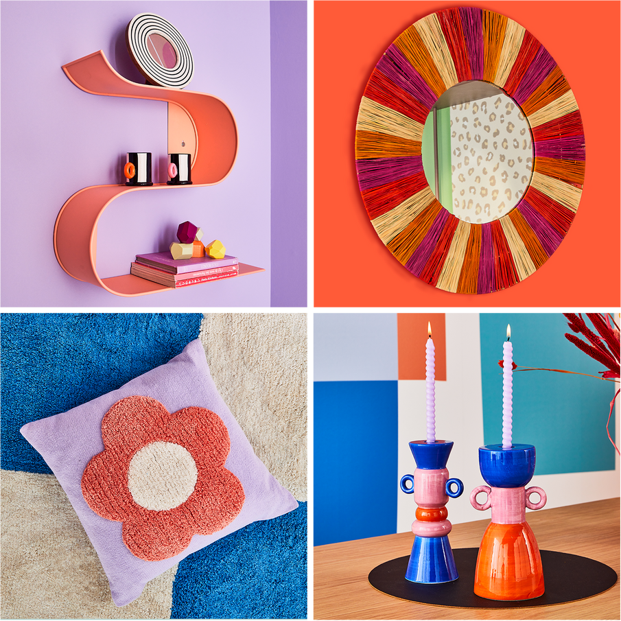 Montage de quatre images, objets déco multicolores pour égayer la déco