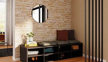 Déco de l'entrée avec papier peint imitation mur de pierres beige