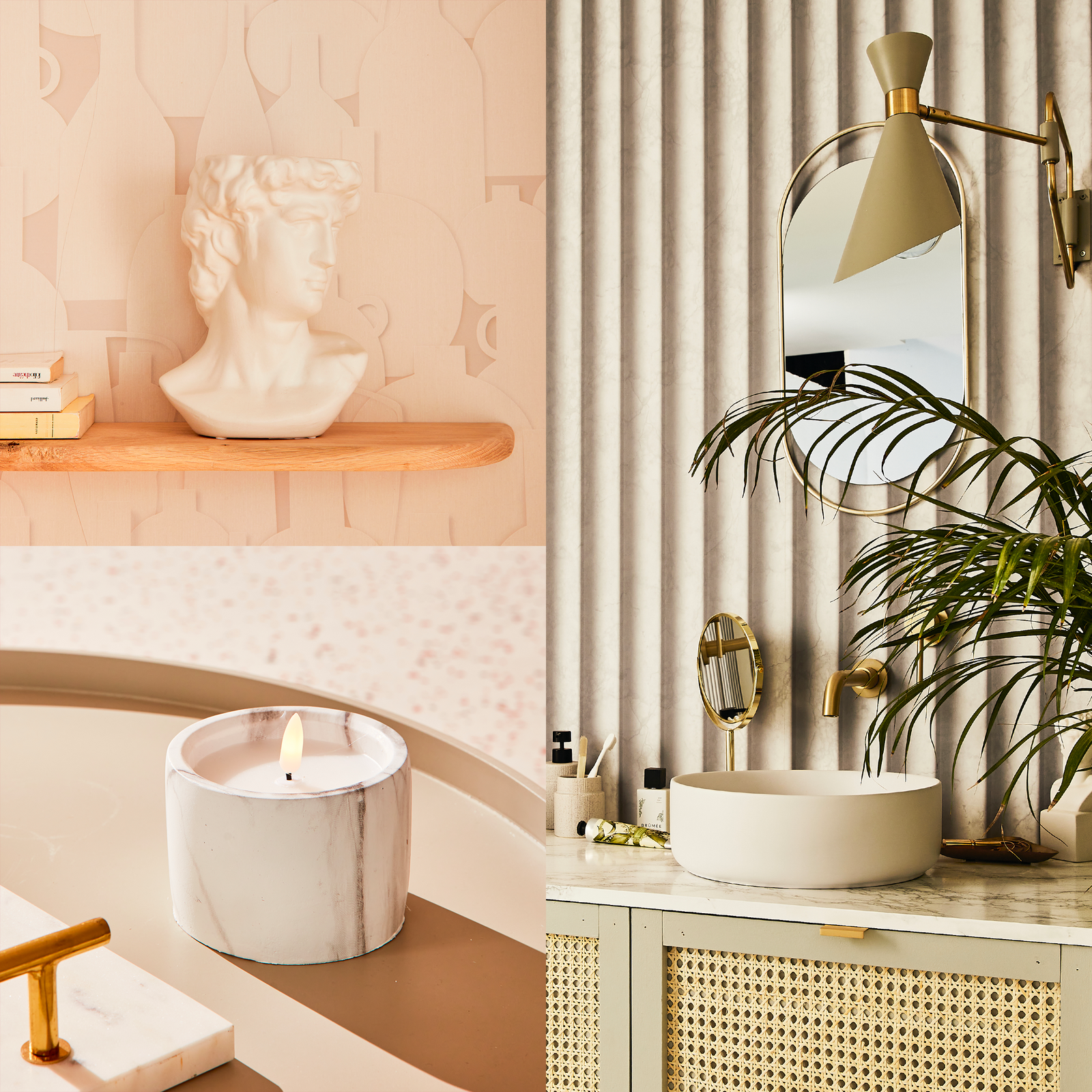 Montage : Buste style romain, papier peint effet colonne dans une salle de bain et une bougie en marbre