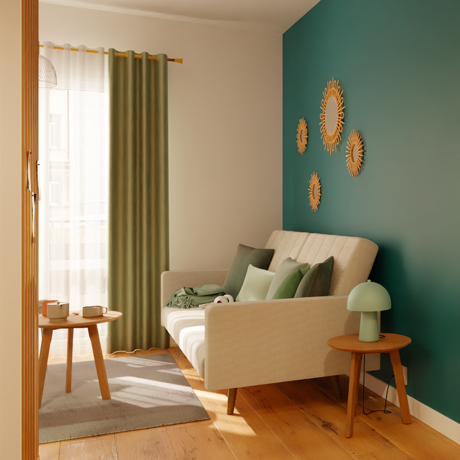 Canapé convertible beige dans salon bleu et bois