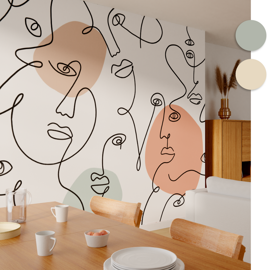 Papier peint panoramique visages au trait dans salle à manger en bois