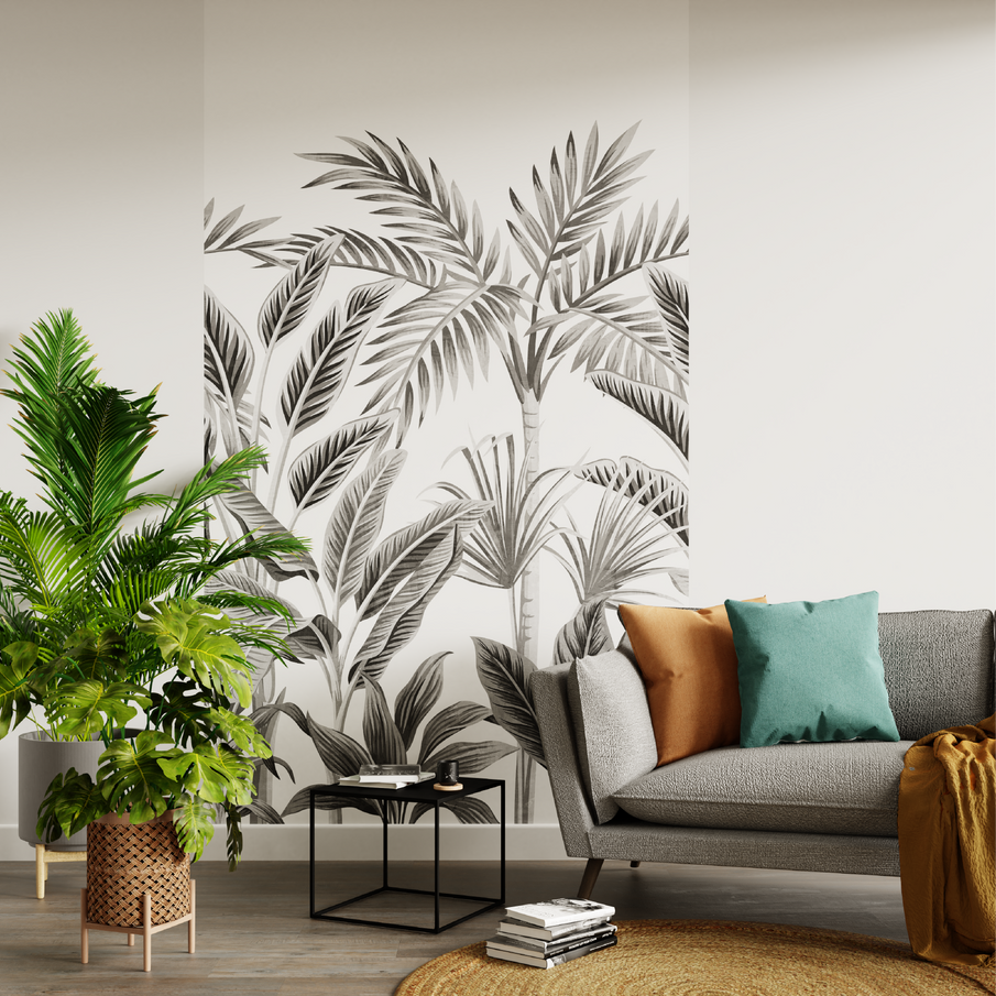 Salon chic avec papier peint panoramique palmier en noir et blanc