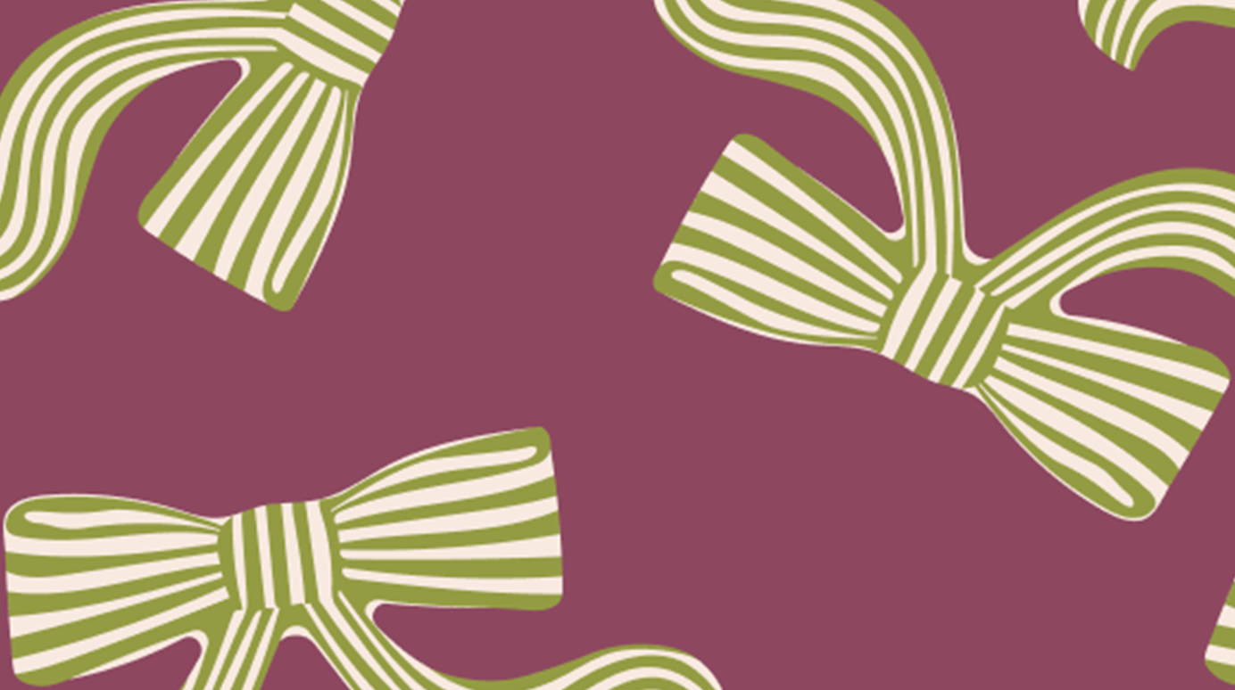 Dessin de rubans noeuds rayés beige et vert sur fond couleur bordeaux