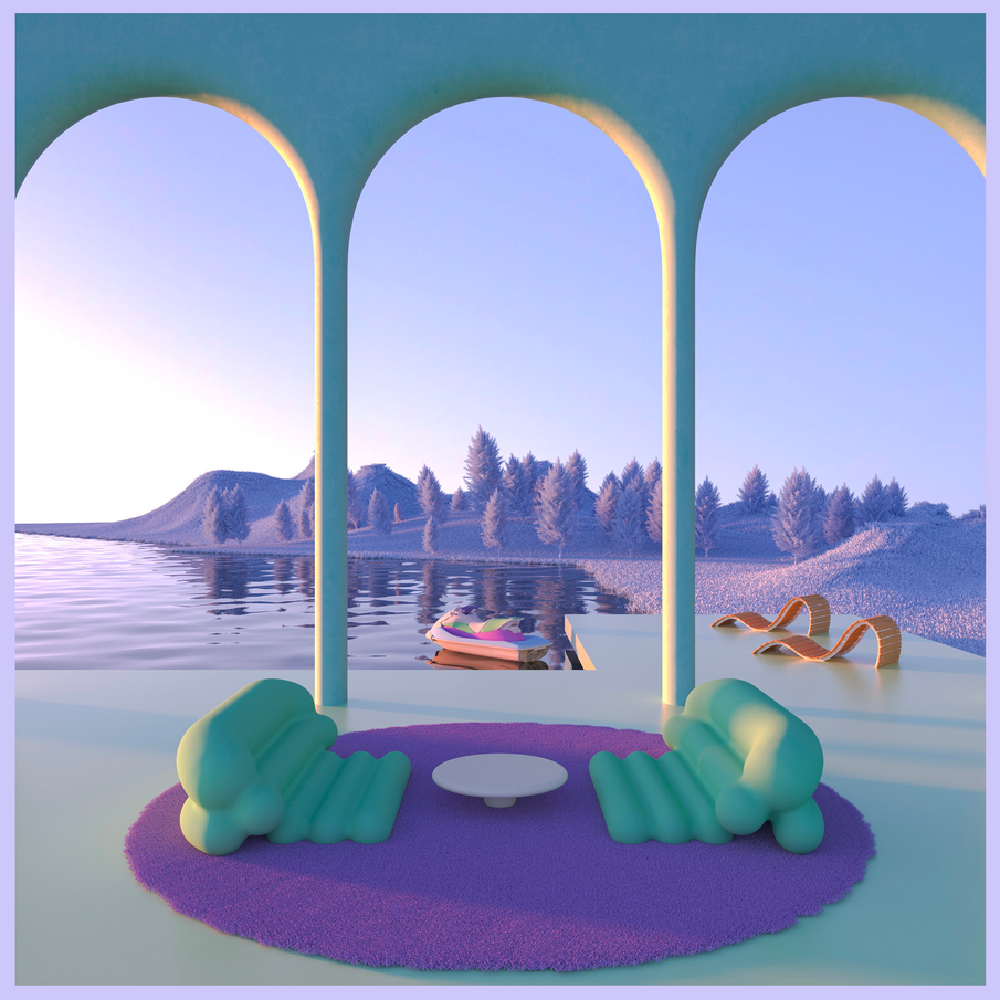 Paysage du métavers en 3D dans les tons violet et menthe