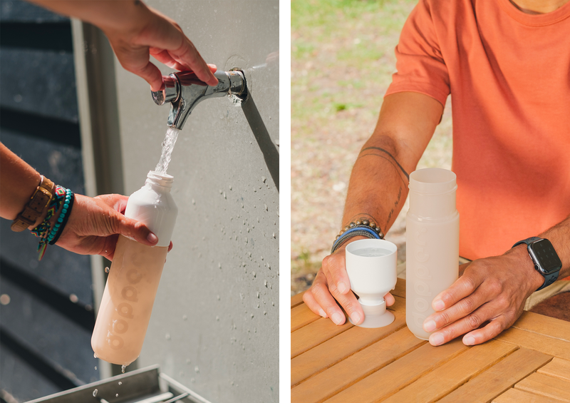 Montage : Homme remplissant une gourde  de la marque Dopper et buvant au verre