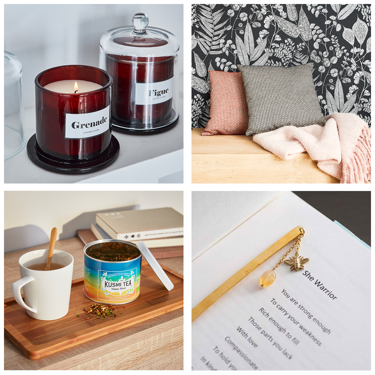 Monatge bougie, coussins et plaid devant papier peint herbier noir et blanc, tasse e thé Kusmi Tea, marque-page
