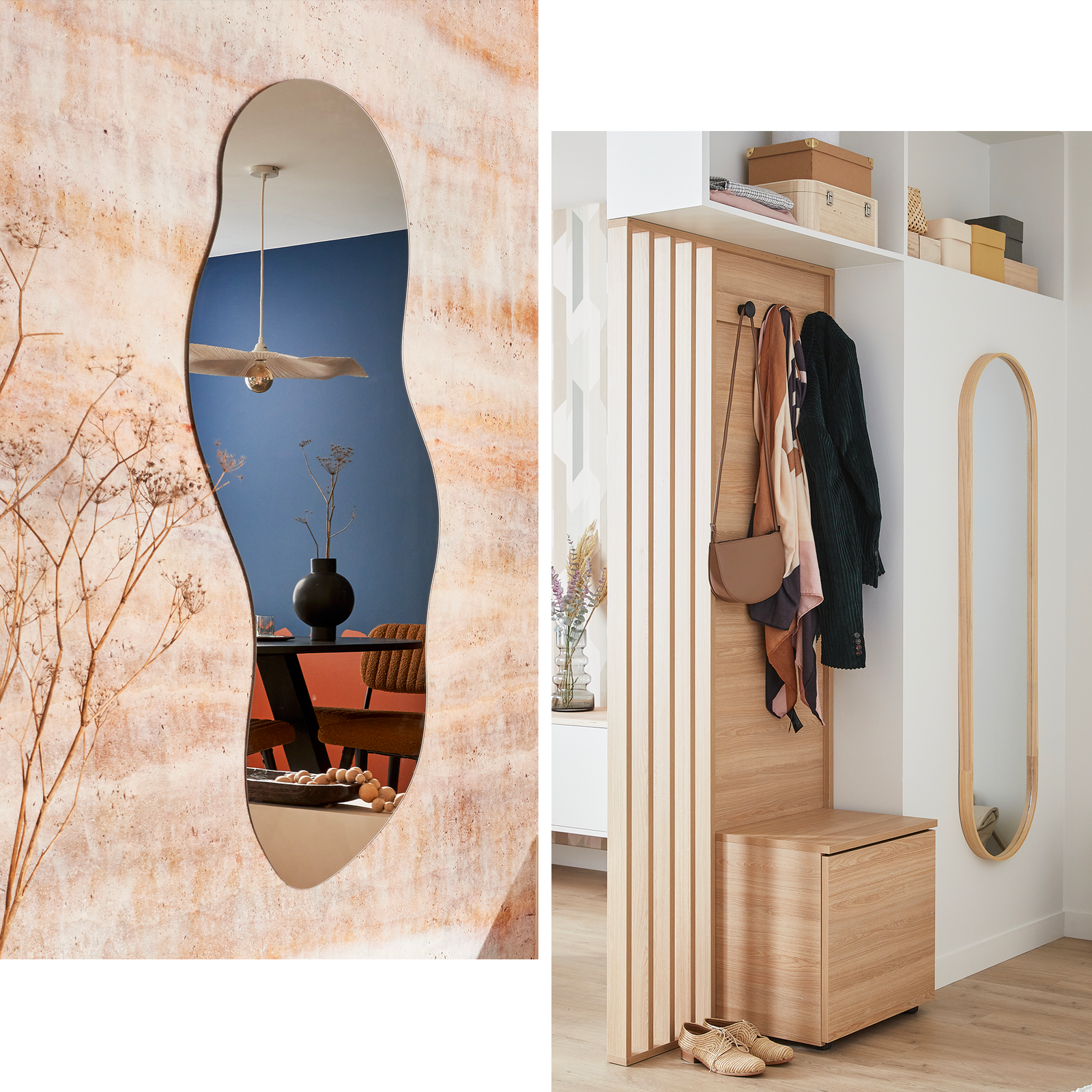 Montage : grand miroir oval ondulé sur et miroir oval bois à côté d'un meuble d'entrée