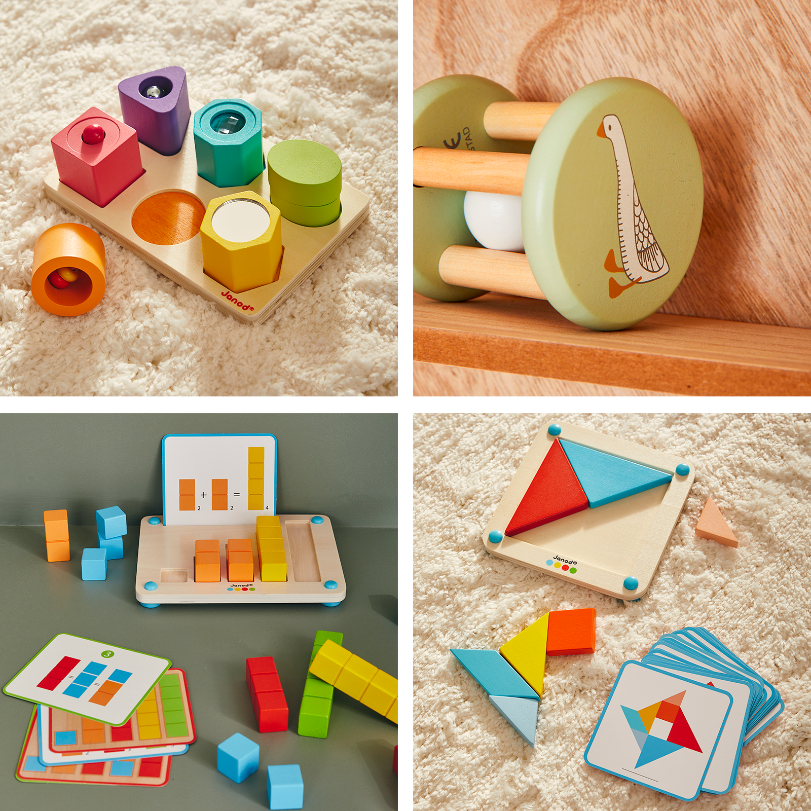 Montage : hochet vert Little Dutch et jeux éducatifs de la marque Janod