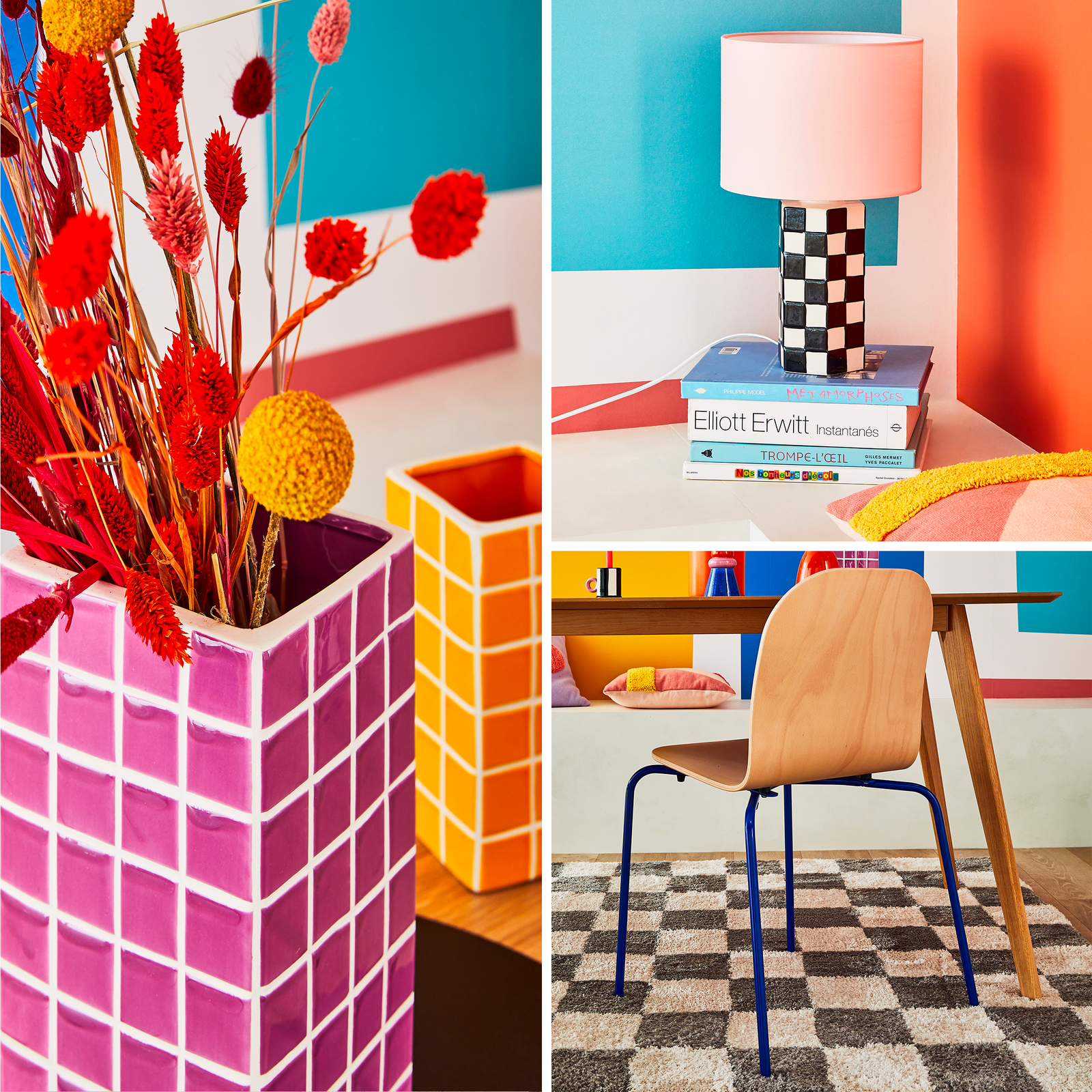 Montage : vase à carreaux roses, pied de lampe et tapis à motif damier noir et blanc