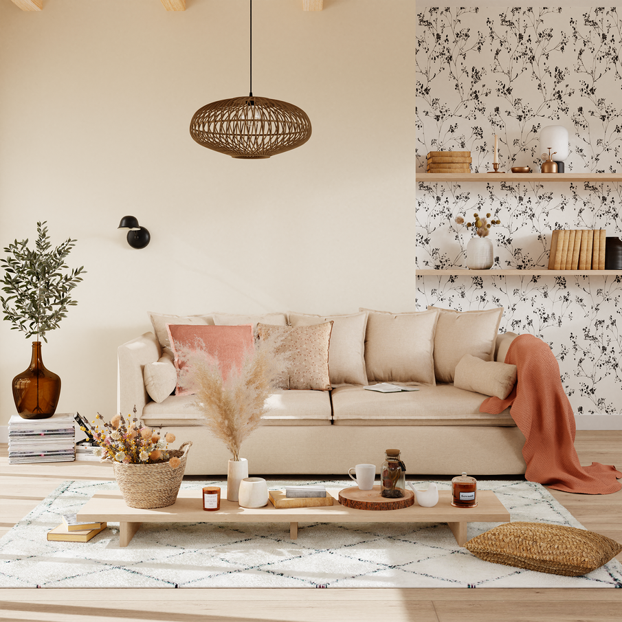 Déco salon style maison de campagne, canapé beige