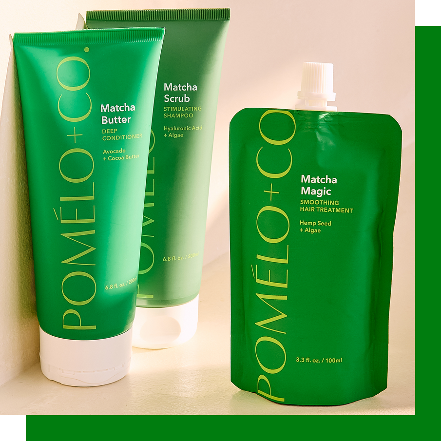 Flacons de soins pour les cheveux Matcha de la marque Pomélo+co
