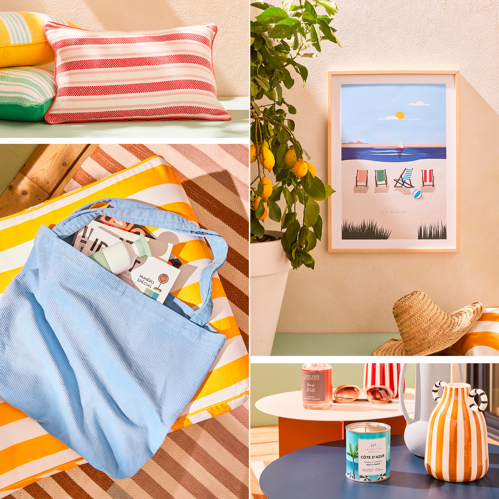 Zoom sur la déco rayée et estivale de la terrasse 