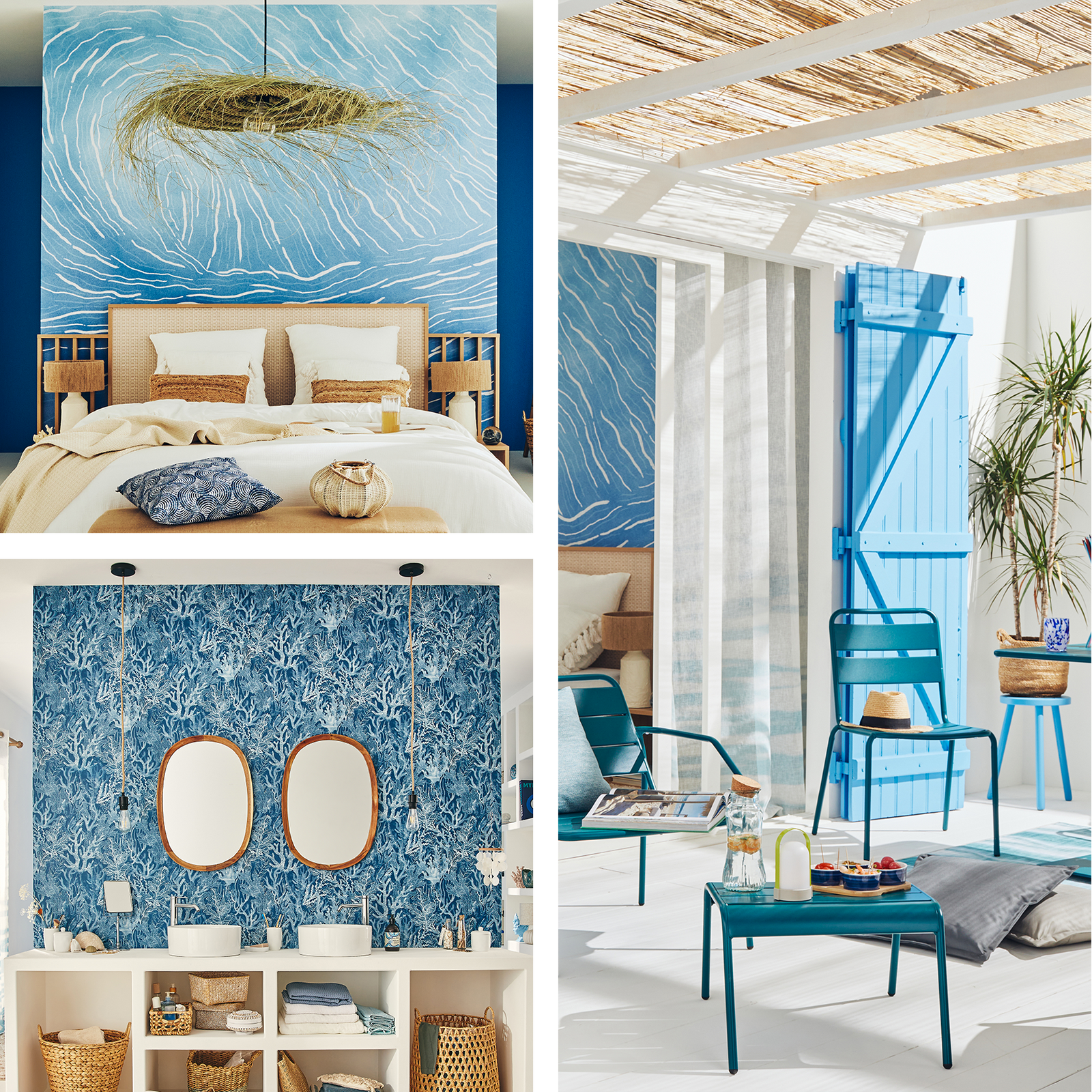 Chambre, salle de bain et terrasse dans les tons bleus