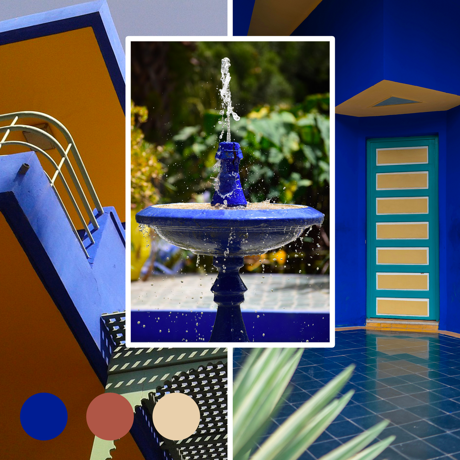 Montage de photos d'un balcon, d'une fontaine, d'une porte du Jardin Majorelle