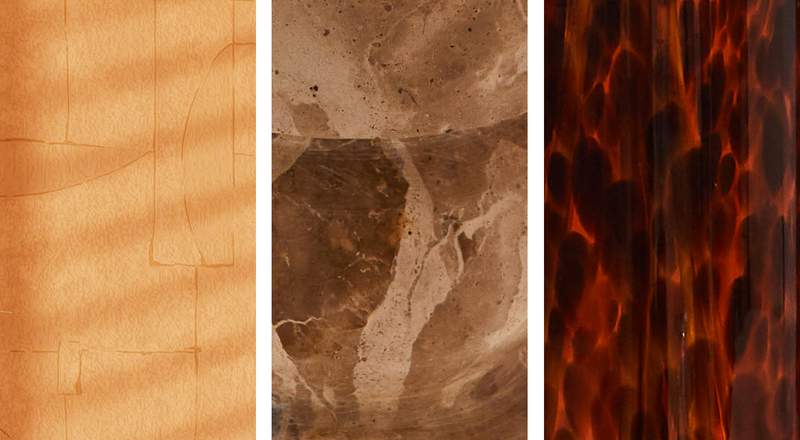 Montage photo de trois textures : effet argile, pierre marbrée et verre moucheté 