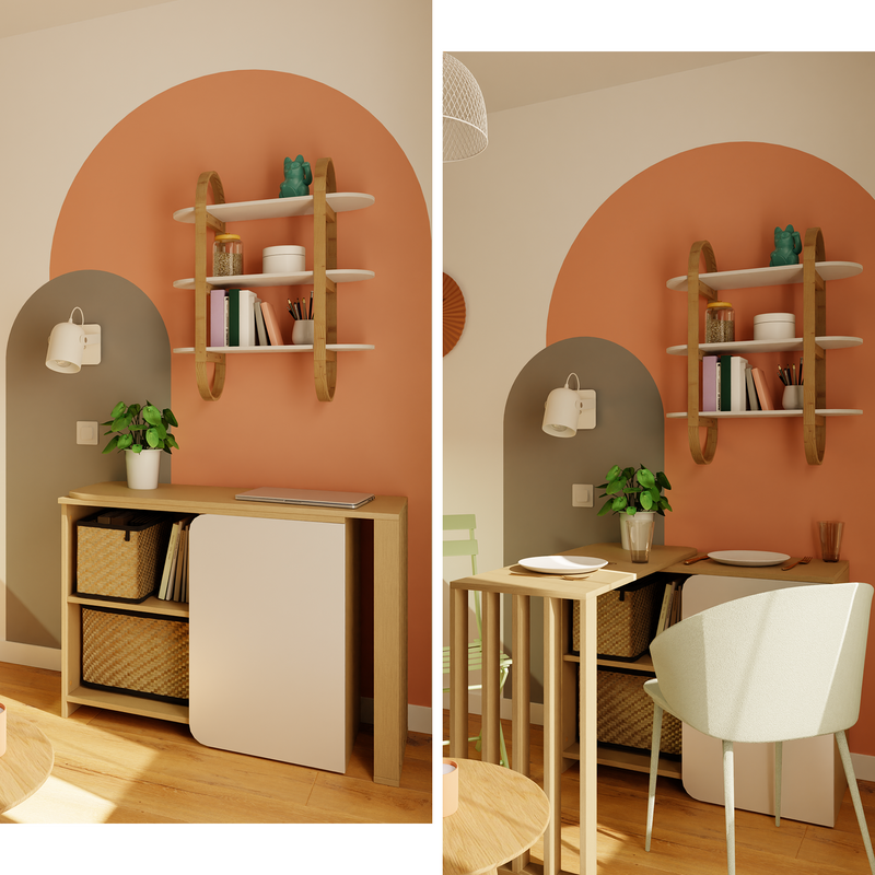 Montage : table modulable repliée en mode bureau et dépliée pour le coin repas d'un studio