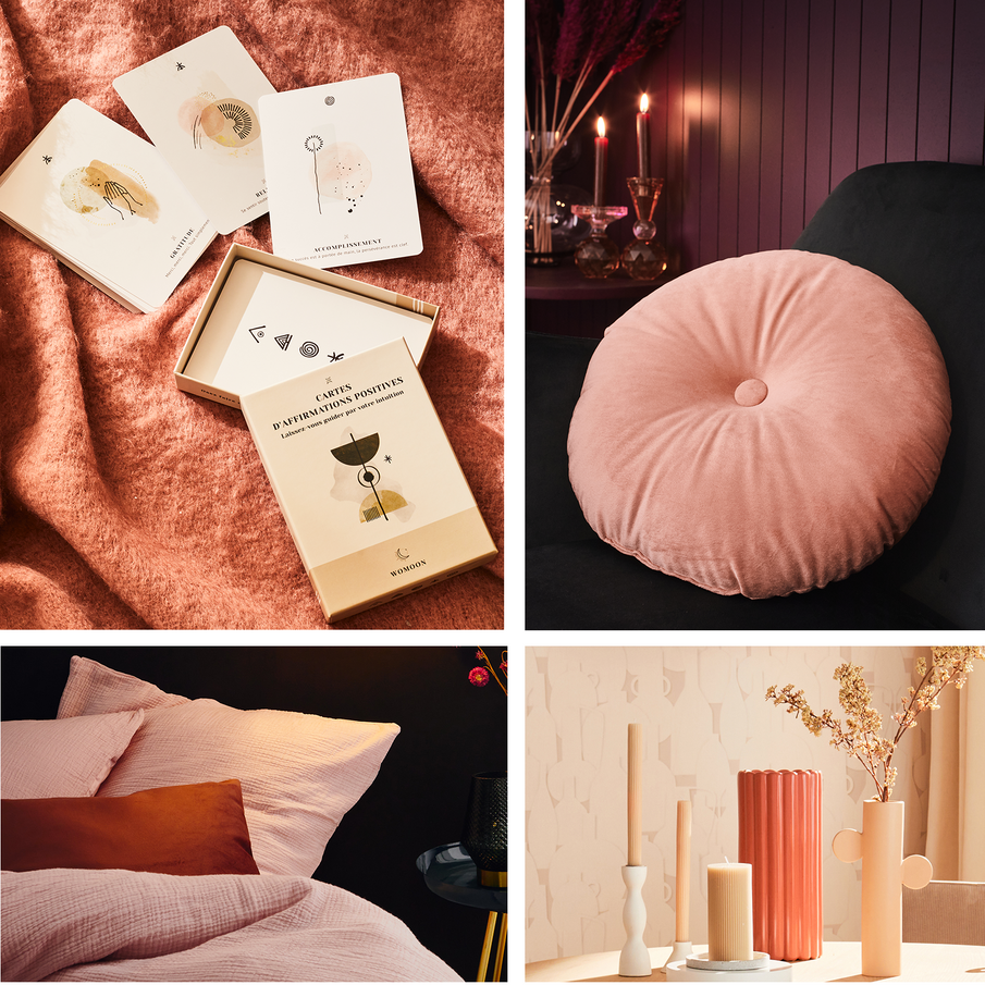 Montage de quatre ambiances déco aux tons roses