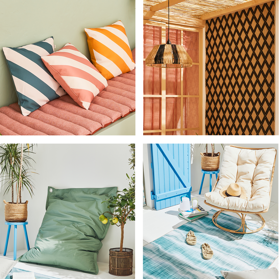Zooms sur coussins rayés, tapis d'extérieur et assises confortables