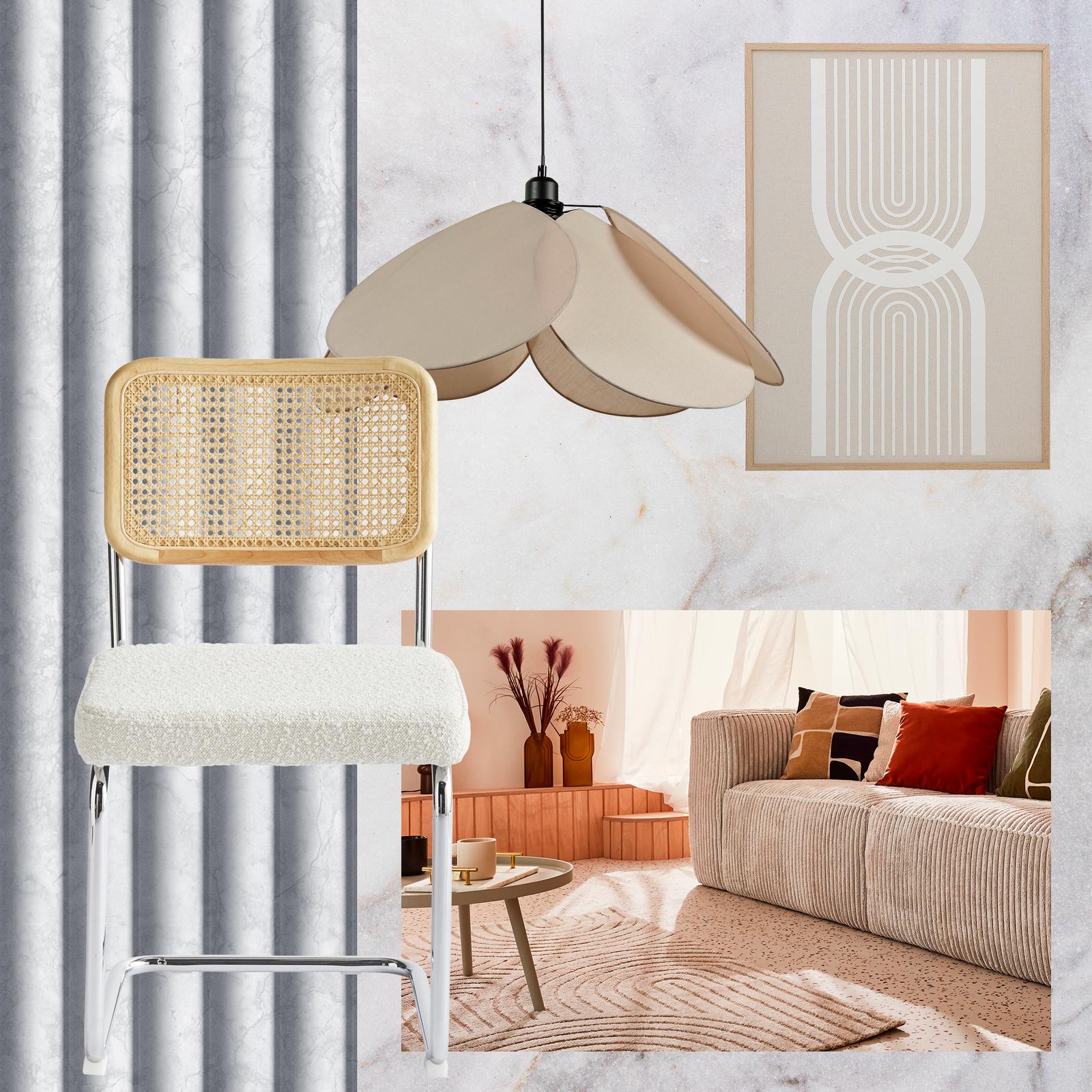 Moodboard style Grèce antique dans les tons neutres et formes rondes
