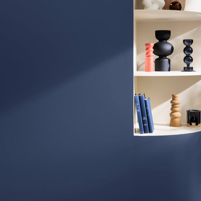 Mur peint en bleu foncé, étagère en niche blanche