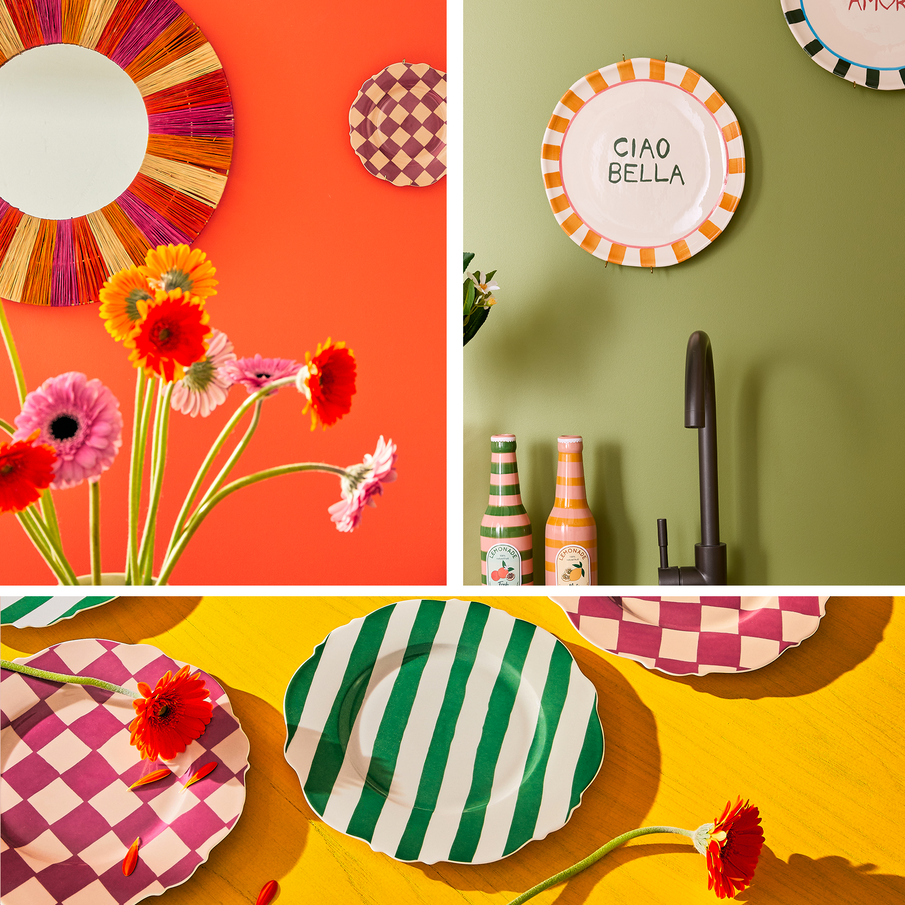 Trois ambiances avec une déco colorée sur trois fonds couleurs différents