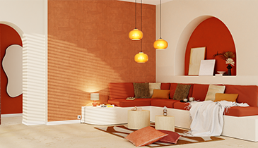 Papier peint argile couleur terracotta dans un décor de salon