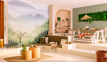 Déco salon inspiration forêt, papier peint panoramique motif arbre aquarelle