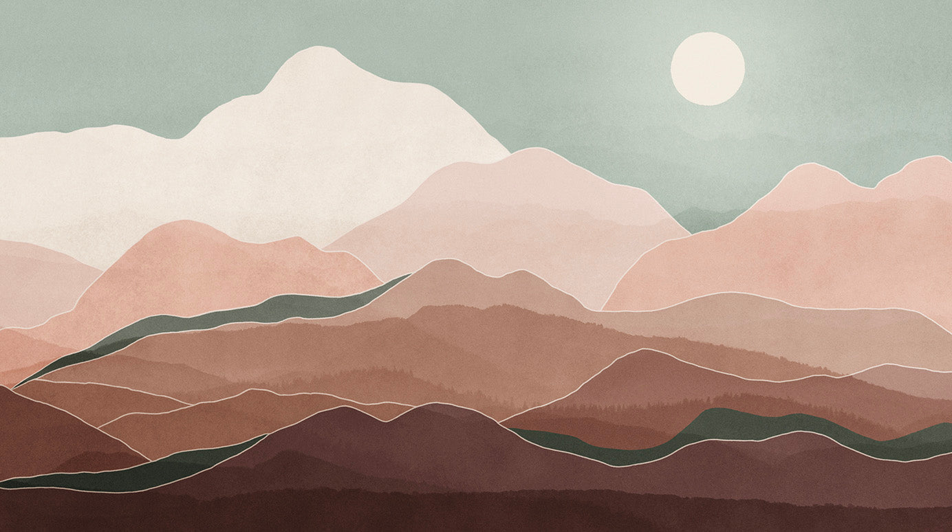 Papier peint panoramique motif paysage de montagne aquarellé dans les tons bruns et verts