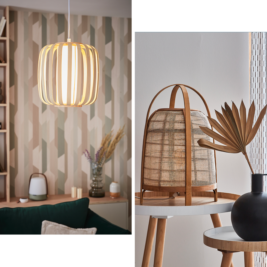 Montage style scandinave : suspension en bois et lampe en matières naturelles 