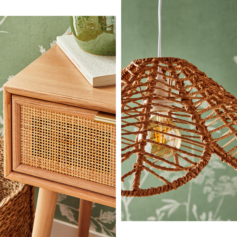 Montage de zooms sur le rotin d'une table de chevet et d'une suspension