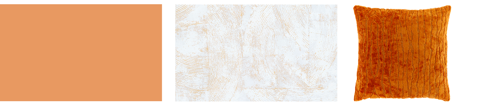 Association peinture orange poterie, papier peint blanc effet taloché et coussin orange