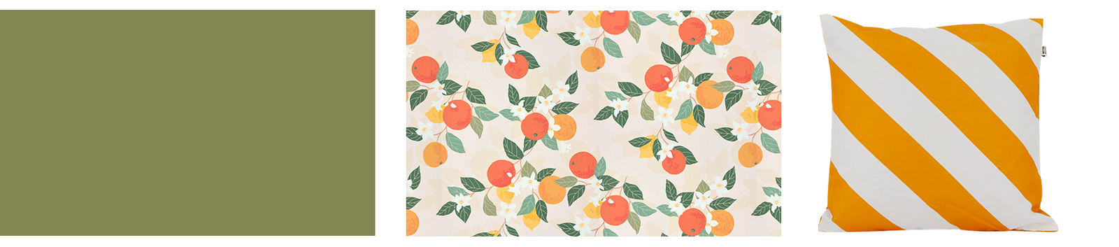 Association vert olive avec papier peint agrume et coussin blanc rayé jaune