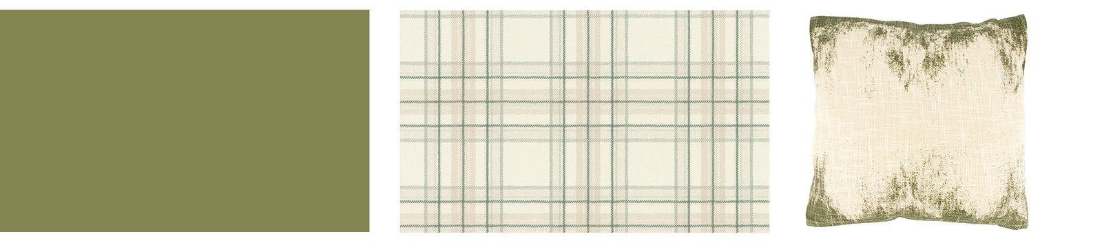 Association couleur vert olive avec un papier peint à carreaux et un coussin crème et vert olive