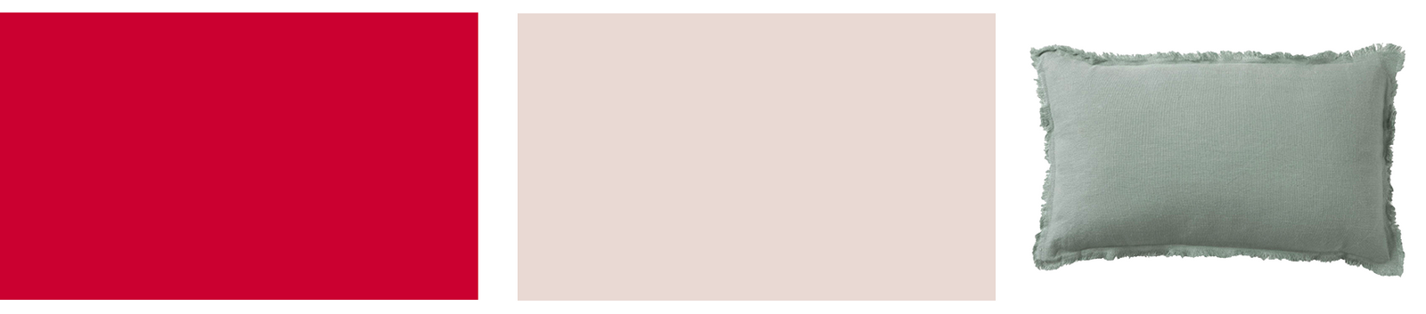 Teintes de peintures rouge cerise, blanc cachemire et coussin rectangulaire vert sauge