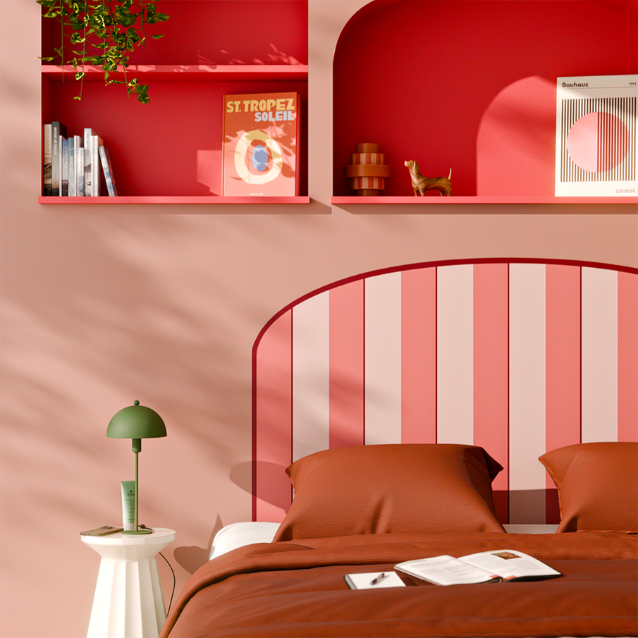 Déco chambre rouge rose, papier peint tête de lit rayures