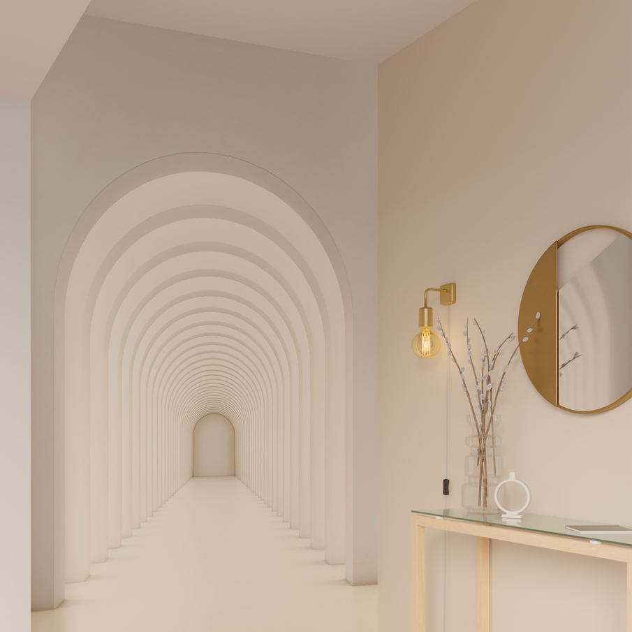 Papier peint panoramique avec arches blanches en trompe-l'oeil, imitant un couloir