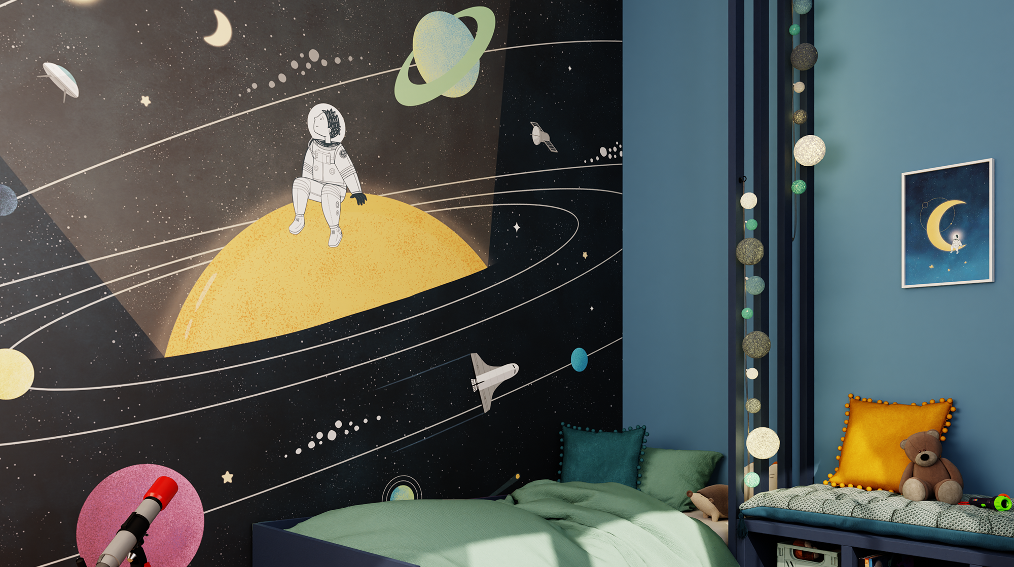 Papier peint panoramique astronautes au-dessus du lit dans une chambre d'enfant