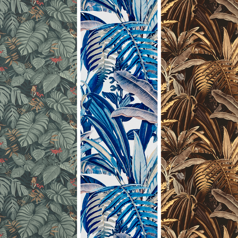 Trois motifs de papiers peints feuillages tropicaux