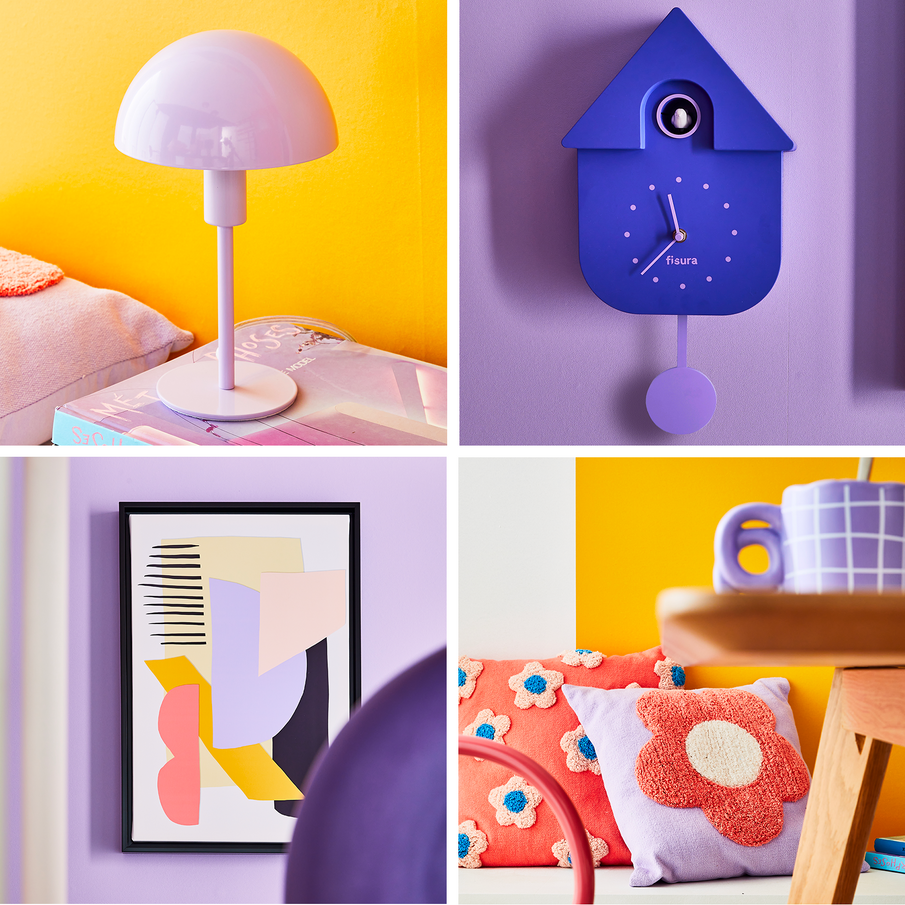 Montage de quatre ambiances déco aux tons violets